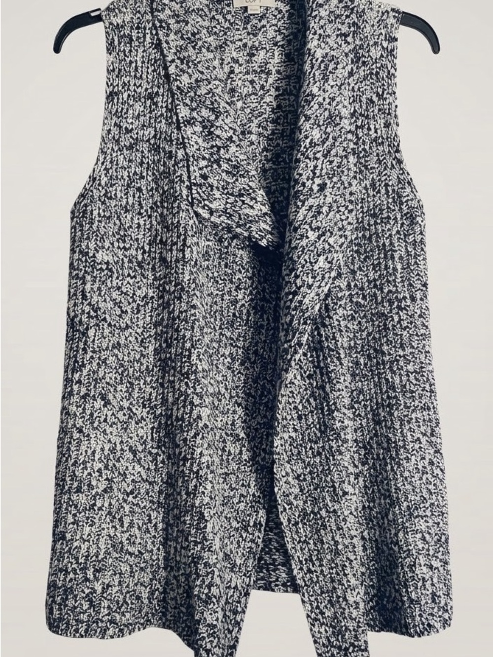 LOFT Black and White Marled Sleeveless Drape-Front Cardigan Vest Sz L